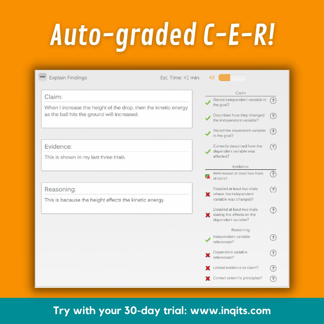 InqIts's tweet photo. Our auto-graded claim-evidence-reasoning saves teachers time, while students get the practice they need.
Sign up! https://t.co/sNYdbbt1ng
#edtech #ngss #teachersofscience #scienceteachers #science https://t.co/ove9nf2yQv