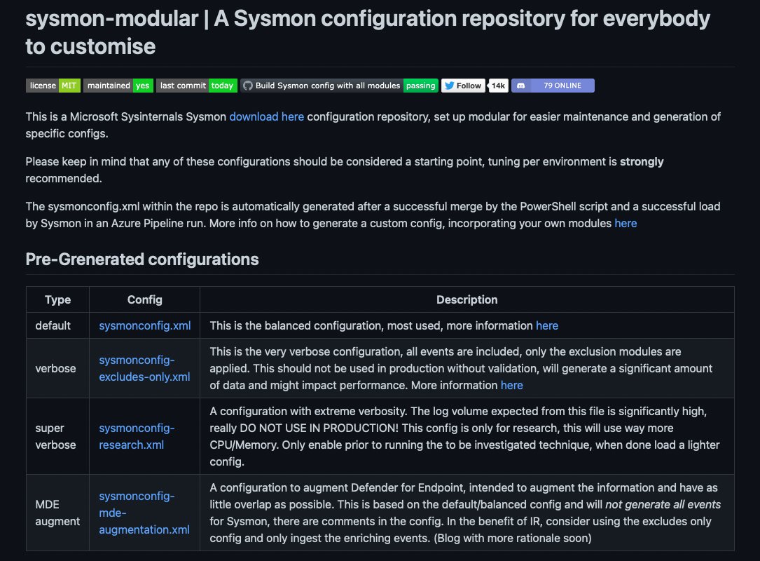 olafhartong's tweet photo. The #sysmon-modular project has been expanded. Most importantly with an #MDE augmentation config. This config will only generate the event types where MDE falls short.
I'll write a blog soon to explain the nuances and considerations to enrich it yourself.

https://t.co/WAf5jx69Hx https://t.co/mUhwyq6fOb
