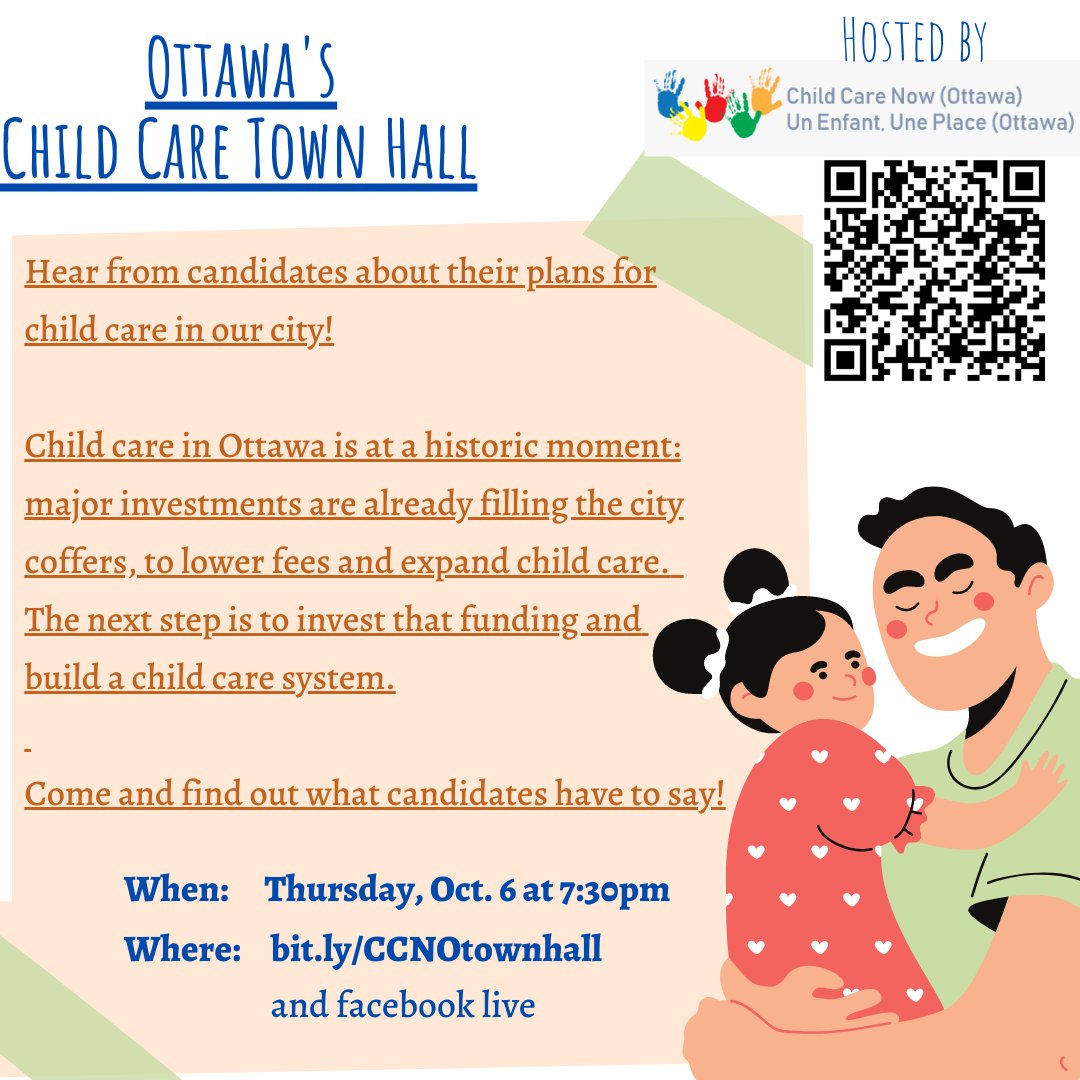 OttawaCCN's tweet image. This #Ottawa election, let's keep childcare on the table!

Join our Town Hall this Thu, Oct 6 at 7:30pm to hear candidate plans for our system - bit.ly/CCNOtownhall

Tell your candidates to pledge for a good ELCC system if they haven't yet. Check at ottawa.ccnow.ca