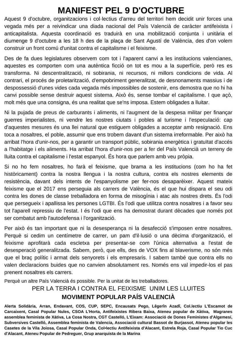 Escamot_Colect's tweet photo. 🗣️ El #9O tenim una cita als carrers de València. Mai més feixisme, enlloc, contra ningú.

👉🏼 Per la terra i pels drets socials: UNIM LES LLUITES!

👁️ Llegiu el manifest.

#unimleslluites https://t.co/gZzqmBR9Fi