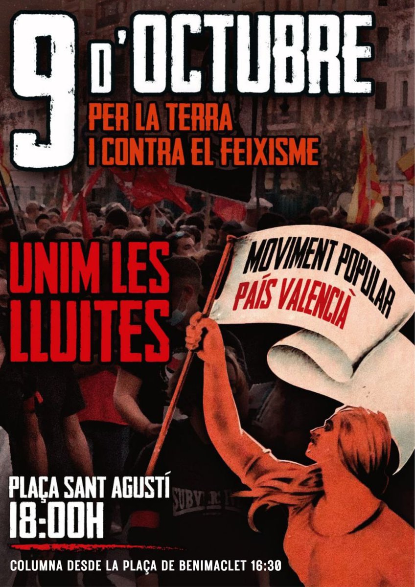 Escamot_Colect's tweet photo. 🗣️ El #9O tenim una cita als carrers de València. Mai més feixisme, enlloc, contra ningú.

👉🏼 Per la terra i pels drets socials: UNIM LES LLUITES!

👁️ Llegiu el manifest.

#unimleslluites https://t.co/gZzqmBR9Fi