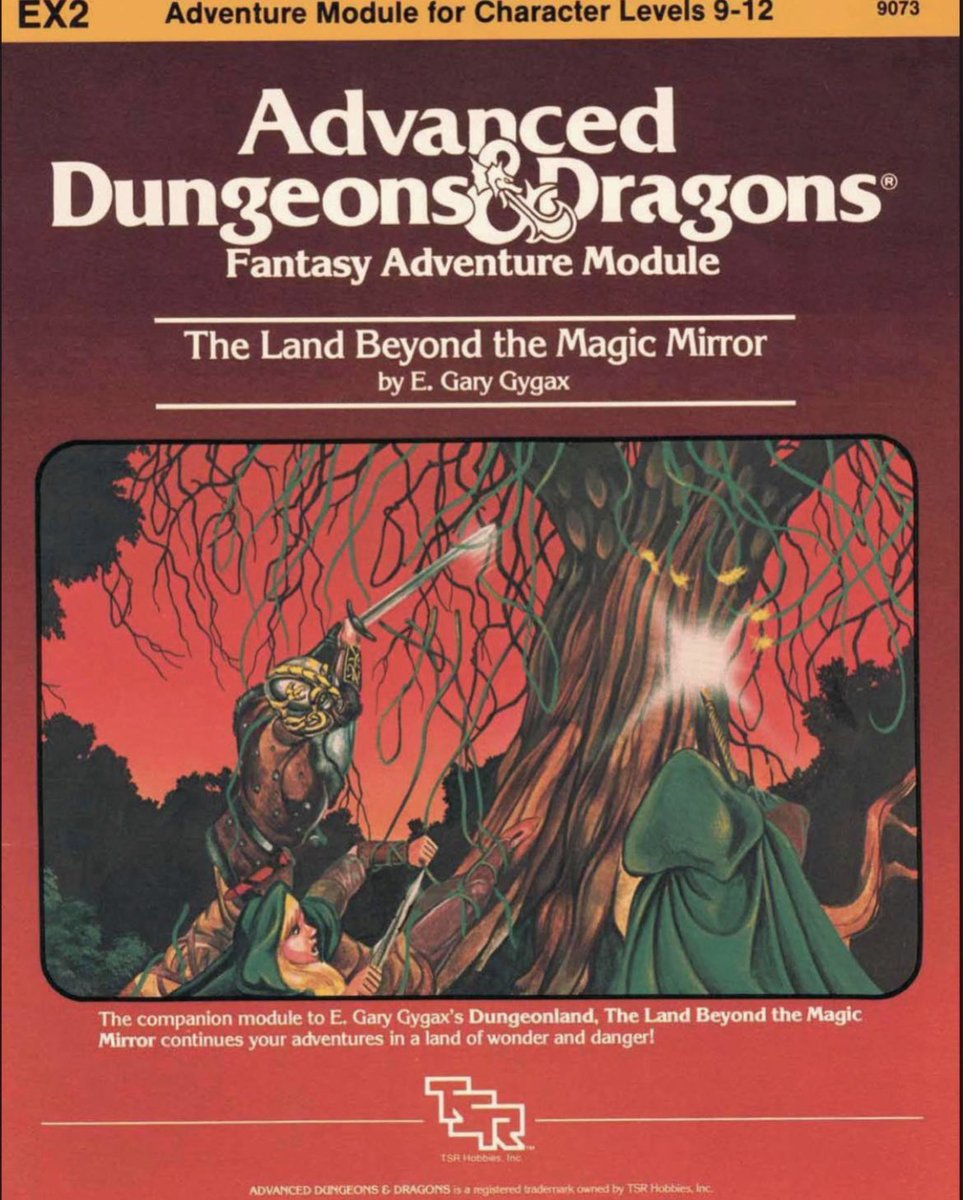 The Land Beyond the Magic Mirror, by Gary Gygax, with illos by Jim Holloway, 1983. It takes off where Dungeonland ended, also taking inspiration from Lewis Carroll’s work. Predictably the PCs meet a host of odd NPCs and situations, even taking part in a giant game of chess #dnd