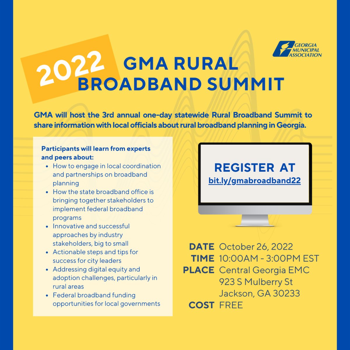 SWGRC2's tweet image. (FREE ) 2022 GMA Broadband Summit. 
Oct.26 - 10:00 AM - 3:00 PM
 conta.cc/3fs21Fx
conta.cc/3RvGY2f