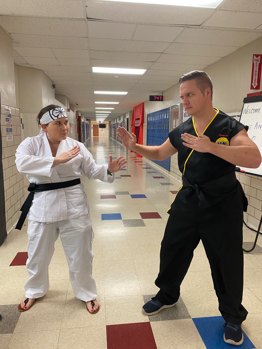 Mr_Raska's tweet photo. The Raska’s coming out of the gate hot! #HOCO2022 Action Day winning outfit. #CobraKai never dies! @CastleberryHigh @CastleberryISD #CHSpowercouple at it again. https://t.co/6R6oyaT1mD
