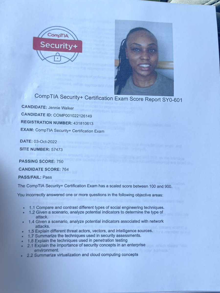 JennWalker007's tweet photo. did It!!! No Network+, No A+ no prior IT experience, self taught, self-driven combined with lots of determination, motivation &amp; hard work passed the CompTIA Security+ exam on the first try! 

#cyberhire #cybersecurity #womenincybersecurity #blacksintech #blackgirlshack https://t.co/9CJxIqugWm