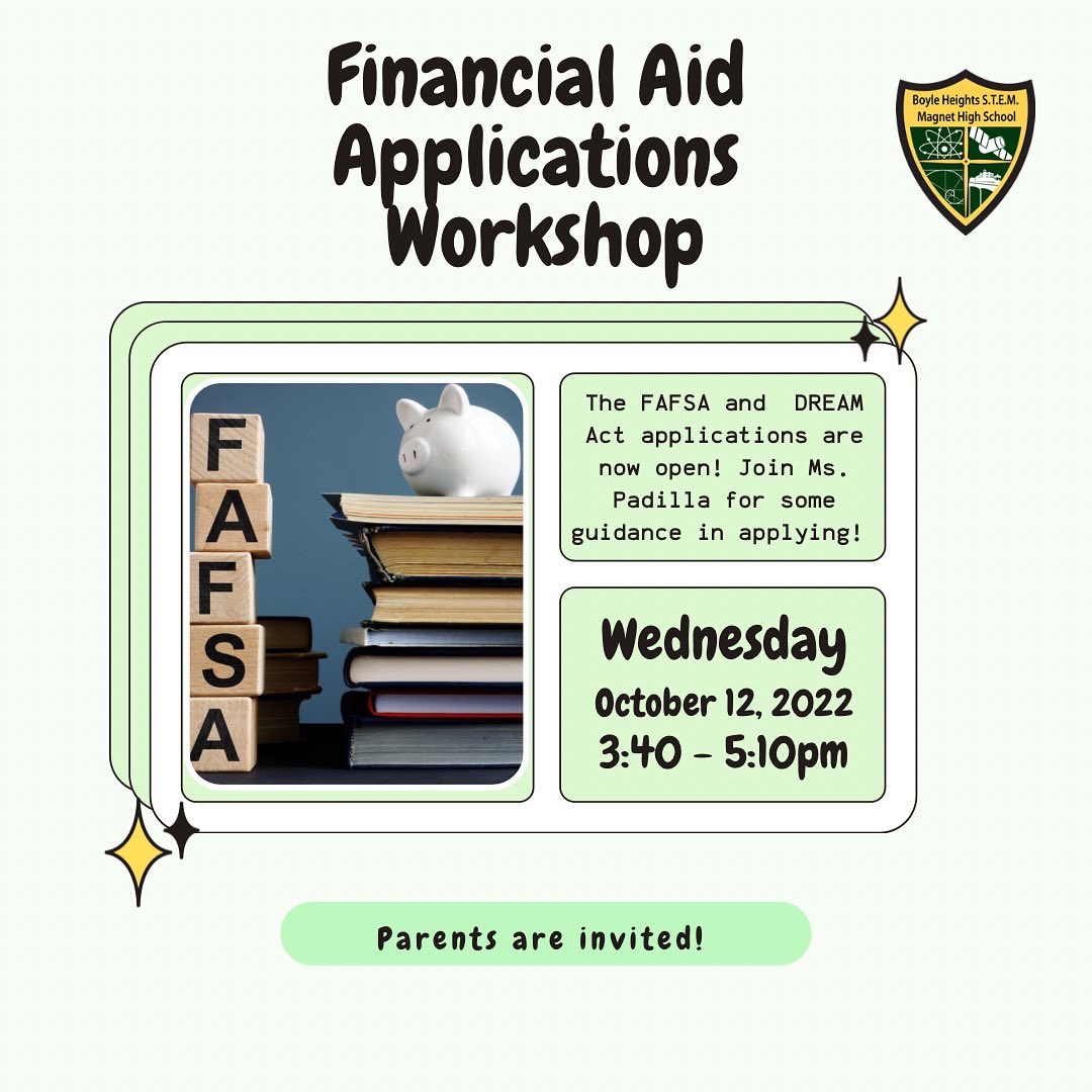 STEM_BoyleHTS's tweet photo. It’s that season again! 💰 Financial Aid and Dream Act applications are now open! We’ll be having a workshop next week to help get you started! 💻 

P.S. bring your parents!! Parents are welcome to join to help with the process. 🫶🏼

#teamworkmakesthedreamwork #collegebound https://t.co/REdj7Z4E4d