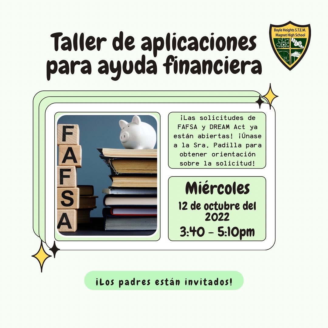 It’s that season again! 💰 Financial Aid and Dream Act applications are now open! We’ll be having a workshop next week to help get you started! 💻 

P.S. bring your parents!! Parents are welcome to join to help with the process. 🫶🏼

#teamworkmakesthedreamwork #collegebound