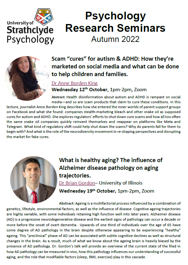 UoSPsychology's tweet photo. Seminar series Autumn 2022. Everyone is welcome to attend these online zoom talks, so please do come along. Email aliyah.rehman@strath.ac.uk if you need the zoom details for any of the talks. 

@UniStrathNews @UniStrathclyde @UOS_SPAN https://t.co/gxHUw4fwp6