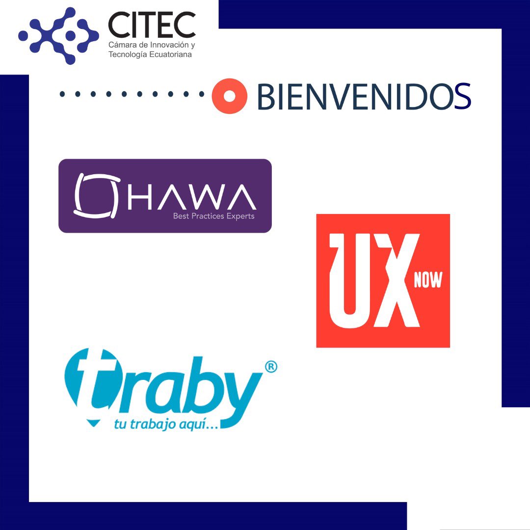 CITECec's tweet photo. ¡La CITEC sigue creciendo en representación del #EcTechHub! Es un gusto para nosotros dar la bienvenida nuestro gremio y presentarles a estas nuevas empresas: @HawaExperts, #Traby y #UXPERIENCENOWTECHNOLOGIES ¡Bienvenidos! 👏👏👏 https://t.co/vE25HPxbyH