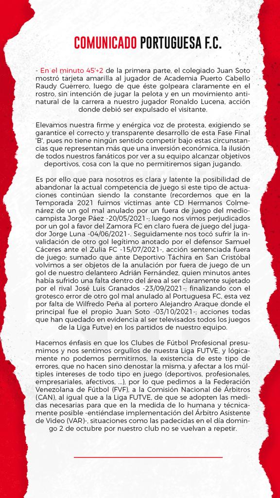 Portuguesa_FC's tweet photo. 🔴⚫️ ¡𝑪𝑶𝑴𝑼𝑵𝑰𝑪𝑨𝑫𝑶! 📝

📢 Elevamos nuestra firme y enérgica voz de protesta, exigiendo se garantice el correcto y transparente desarrollo de esta Fase Final 'B'.

@fifacom_es
@LigaFUTVE
@CONMEBOL
@FVF_Oficial

🏆 #NacimosGrandes
🇻🇪 #VenezuelaEsFUTVE 
🔝 #EsTiempoDeCrecer https://t.co/1rN7PZ7HRr