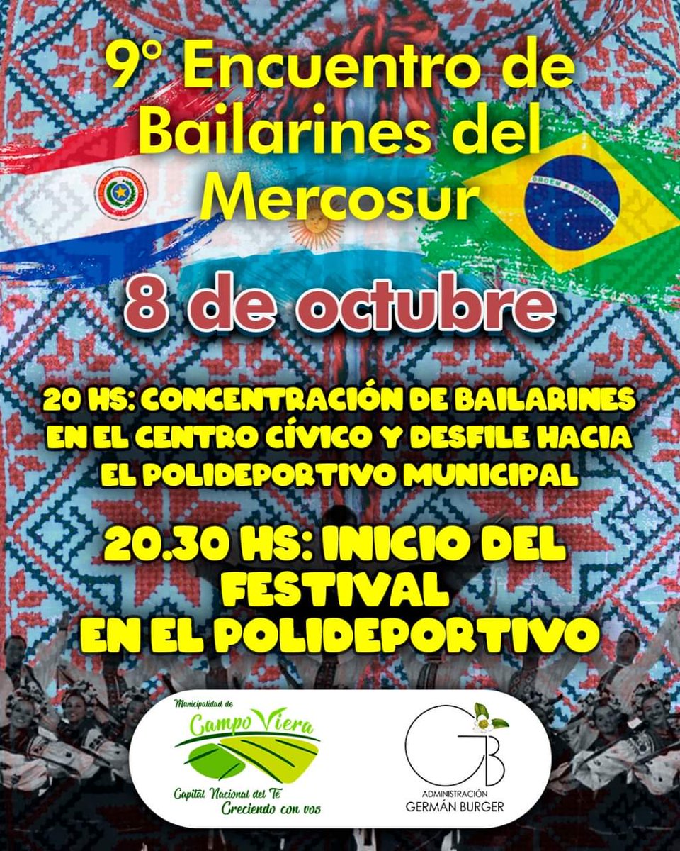 municampoviera's tweet photo. Campo Viera se prepara para el 9°Encuentro de Bailarines del Mercosur.
Este sábado 08 de octubre desde las 29:30h en el #Polideportivo #municipal https://t.co/iNO7vfK8hT