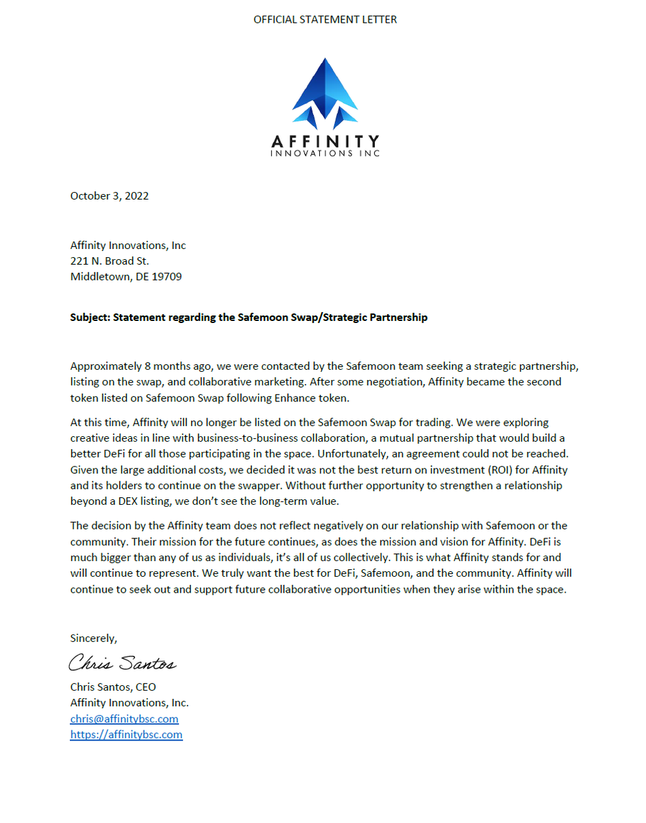After much discussion, we have decided in the best interest of #Affinity and our holders, not to relist on the #SafemoonSwap. Financial resources utilized for product development will provide a better return on investment. We wish nothing but success for #Safemoon and all holders