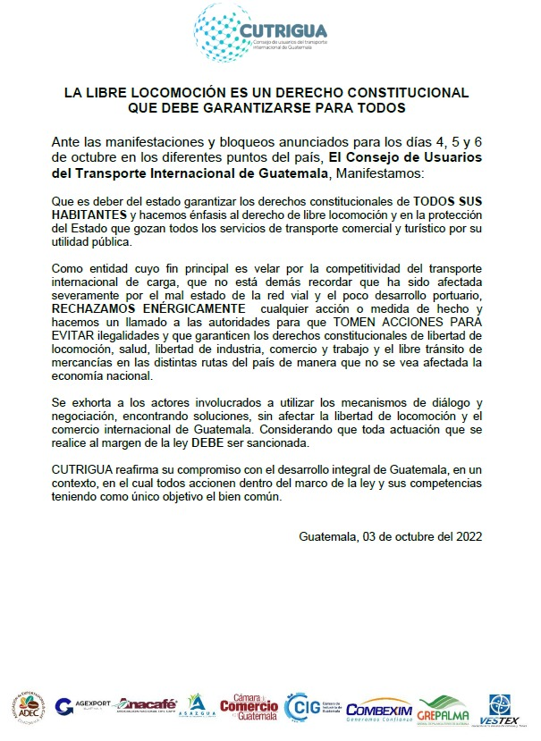 CUTRIGUA's tweet photo. Ante las manifestaciones y bloqueos anunciados los dias 4, 5 y 6 de octubre del 2022.

El Consejo de Usuarios del Transporte Internacional de Guatemala Manifiesta: https://t.co/d90Xd97ztJ