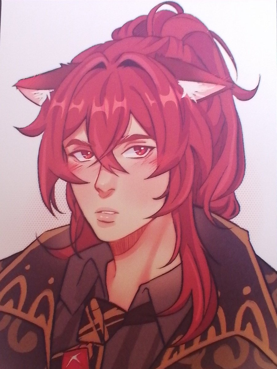 ravedillydally's tweet photo. @isabiph 

Hello yes, I was the person in line asking about the diluc print you had, only to find out I was the one who bought it before hand through a tally you guys had dgjsjss

BUT LOOK AT HIM MY BABY GIRL AS CAT 🥺🥰 https://t.co/xDqfsFF3Bu