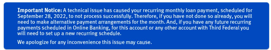 ericdUX's tweet photo. @thirdfederal Really? I need to completely set up a new recurring schedule after years on autopay because of your technical issue? https://t.co/fUdlWx6Jyc