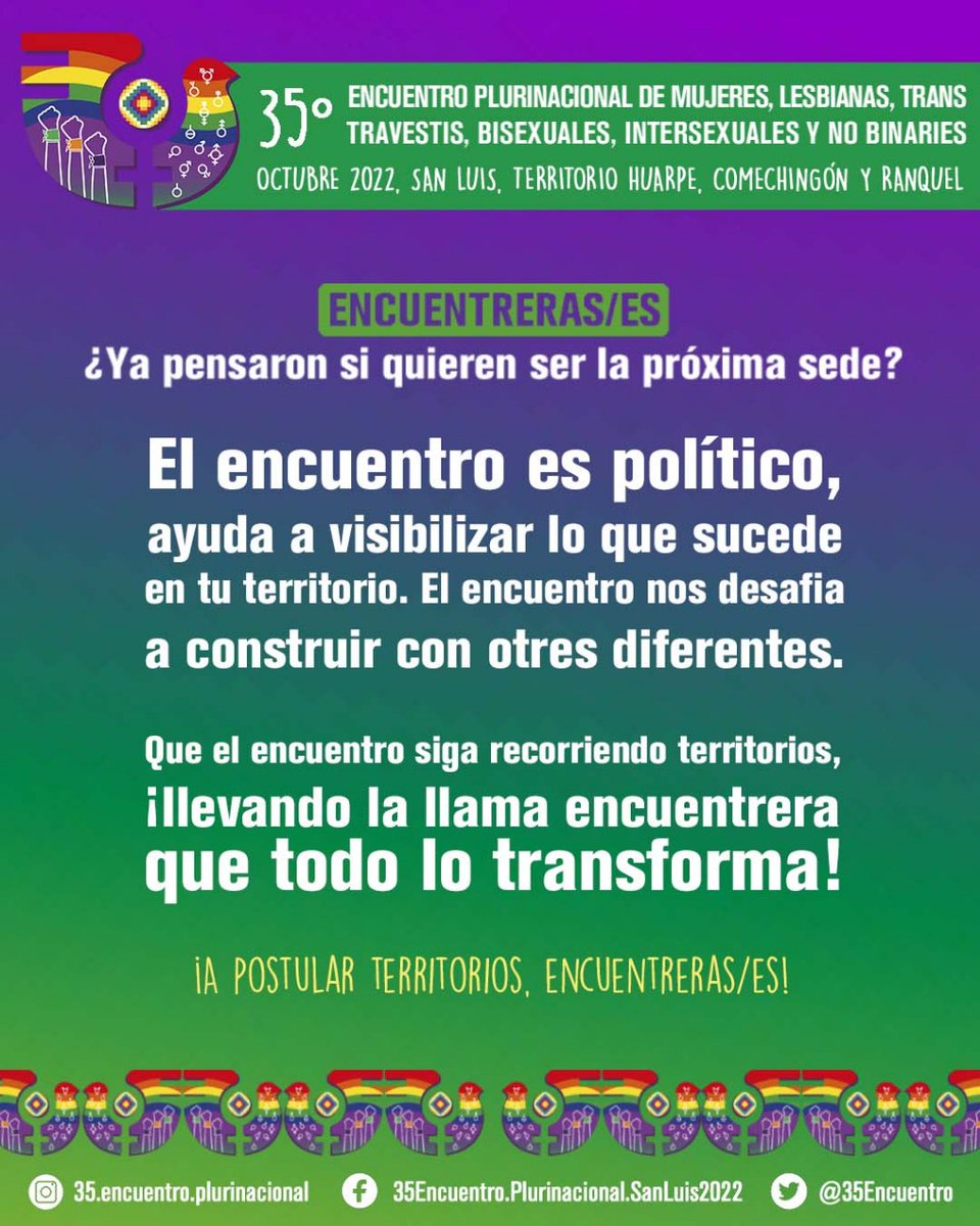 .
🌈Ya falta muy poco para concretar el tan ansiado #35EncuentroPlurinacional  y eso nos invita a pensar en la próxima sede.

Las Regionales de los encuentros, ¿ya están pensando que el Encuentro vaya a sus territorios?

🔥A postular territorios, Encuentreras y encuentreres!