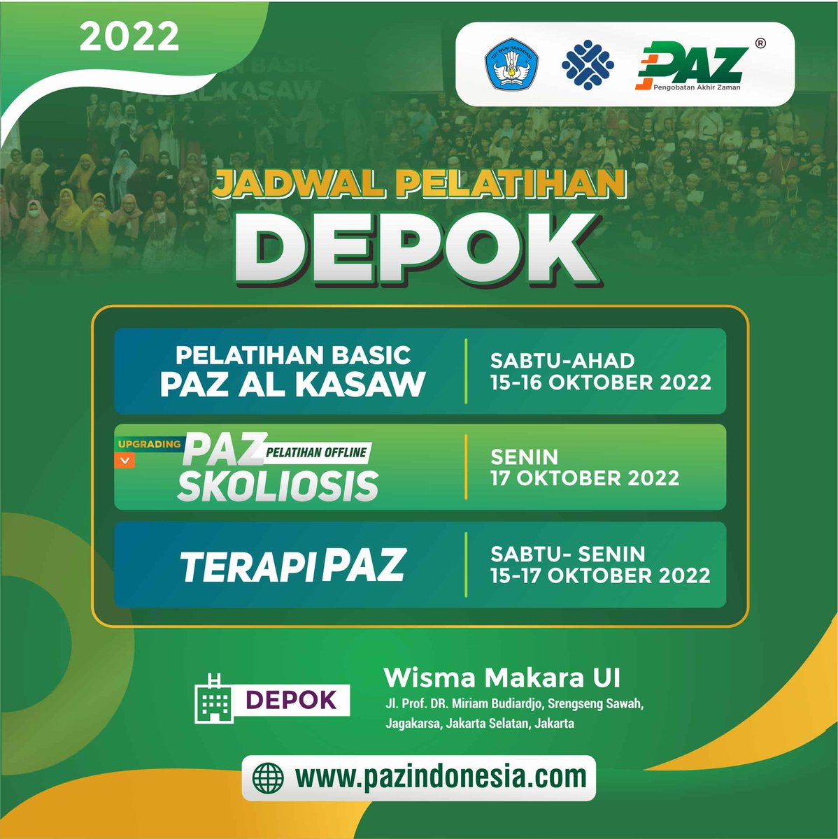 pazalkasaw's tweet photo. Depok insya Allah menjadi tuan rumah, Majelis Ilmu Pelatihan Pengobatan Akhir Zaman PAZ Al Kasaw pada 15-16 Oktober. Dimana hari seninnya, 17 oktober ada penajaman dan studi kasus pada keluhan skolisis. #pazalkasaw #pelatihanpaz #depok #uidepok https://t.co/7K5MaOe4vq