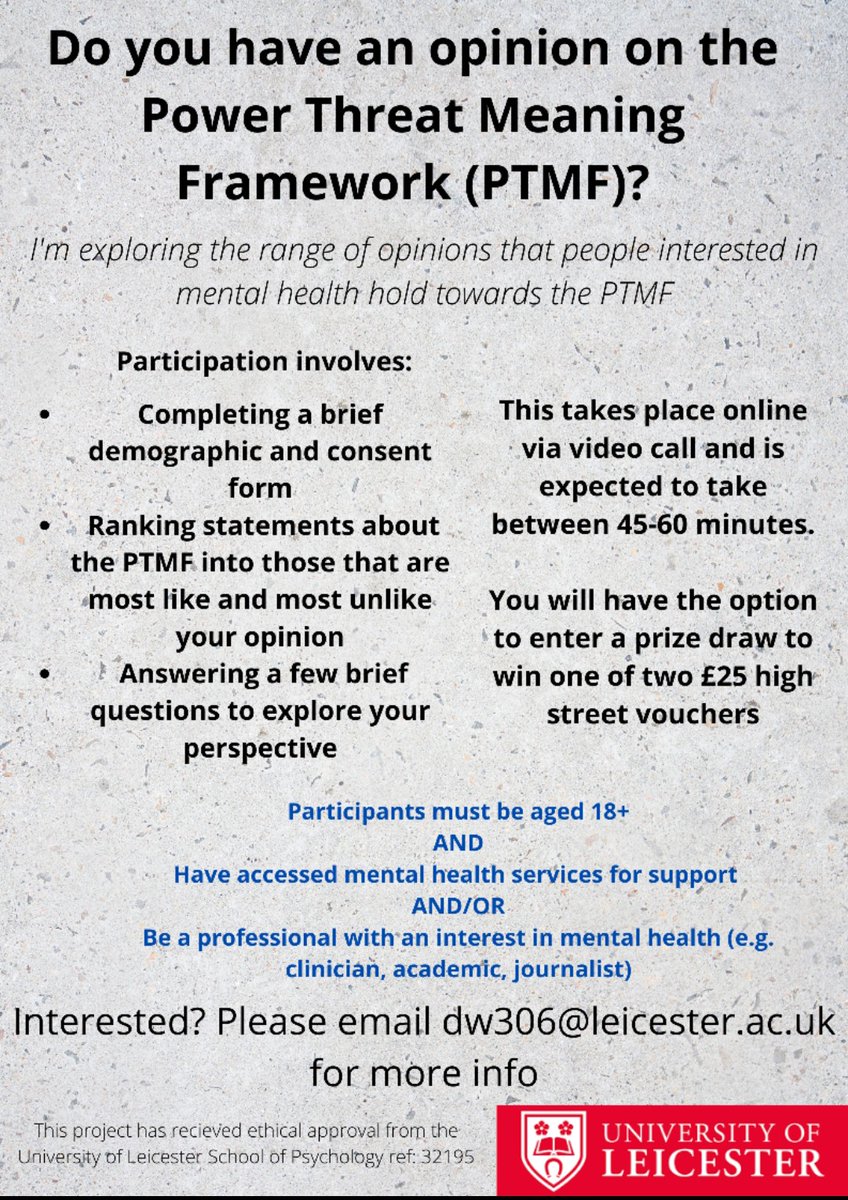 Research opportunity - I took part the other day & offered to share this around. It's open to people from all around the world:

Do you have an opinion on the #PowerThreatMeaningFramework (#PTMF)? Please email dw306@leicester.ac.uk for more info.