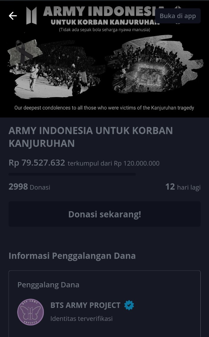 Fans BTS Indonesia ini luar biasa. Dalam dua hari mereka sdh ngegalang dana hampir 80 juta. 

Angkat topi tinggi-tinggi untuk solidaritas mereka ini.