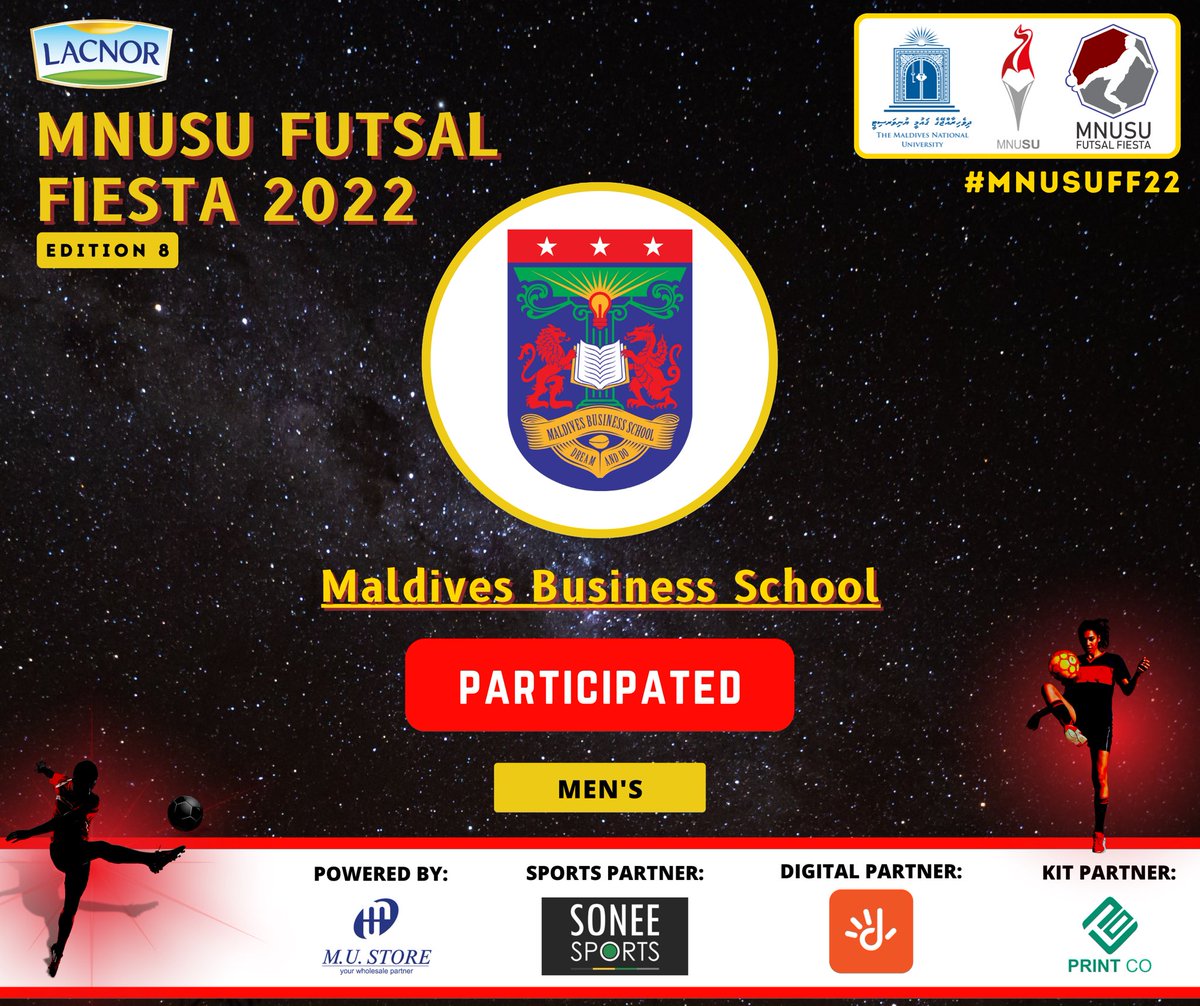 MNU Students' Union (@mnusu) on Twitter photo We’re delighted to announce that <a href="/mbusinessschool/">Maldives Business School</a> has participated in Lacnor MNUSU Futsal Fiesta 2022, in Men’s divisions.
#MNU #MNUSU #LACNORMNUSUFF22 #MNUSUFF22 We’re delighted to announce that <a href="/mbusinessschool/">Maldives Business School</a> has participated in Lacnor MNUSU Futsal Fiesta 2022, in Men’s divisions.
#MNU #MNUSU #LACNORMNUSUFF22 #MNUSUFF22