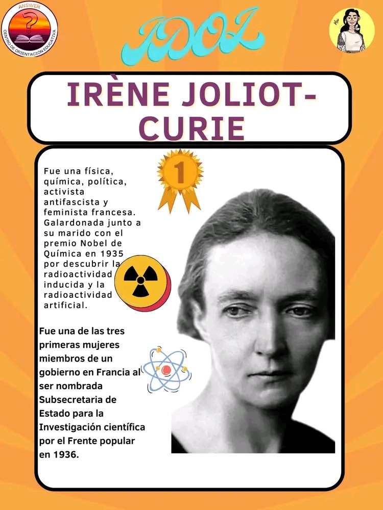 betheanswer_edu's tweet photo. ¡Por fin es viernes! Y en "Idol" destacamos la labor de mujeres que marcaron la historia de la humanidad. Hoy presentamos a la científica francesa Irenè Joliot- Curie. #BeIdol #ViernesDeIdol #Answer https://t.co/HkODcE1pwS