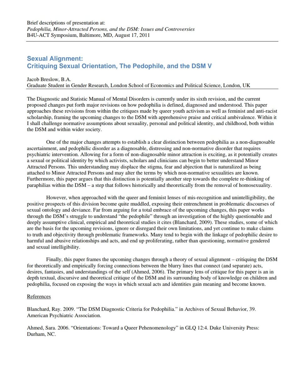 MForstater's tweet photo. In 2011 Jacob Breslaw gave this paper to a conference on "normalising pedophilia" . This is how his session was described by critics from the Catholic League.

What kind of Safer Recruitment is a children's charity doing that appoints such a Trustee? #Mermaids

(HT @FemmeLoves) https://t.co/NHupbg2tdh