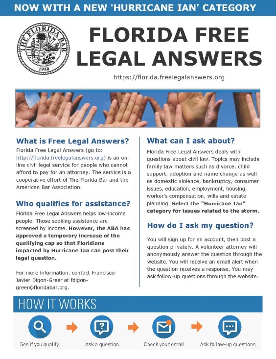 The Florida Bar (@theflabar) on Twitter photo Two ways Florida lawyers can help #HurricaneIan relief & recovery efforts:
1. Volunteer to take intake calls with the <a href="/FlaBarYLD/">Florida Bar YLD</a>'s Disaster Legal Services Hotline: yldbog.formstack.com/forms/2022_dis…
2. Volunteer to answer questions with Florida Free Legal Answers: Florida.freelegalanswers.org Two ways Florida lawyers can help #HurricaneIan relief & recovery efforts:
1. Volunteer to take intake calls with the <a href="/FlaBarYLD/">Florida Bar YLD</a>'s Disaster Legal Services Hotline: yldbog.formstack.com/forms/2022_dis…
2. Volunteer to answer questions with Florida Free Legal Answers: Florida.freelegalanswers.org