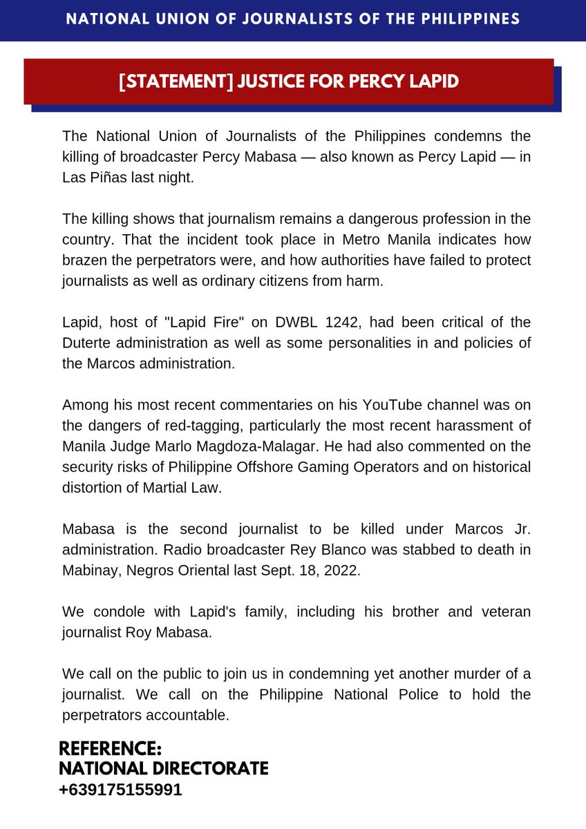 Join us in condemning another murder of a journalist. 

Justice for Percy Lapid!