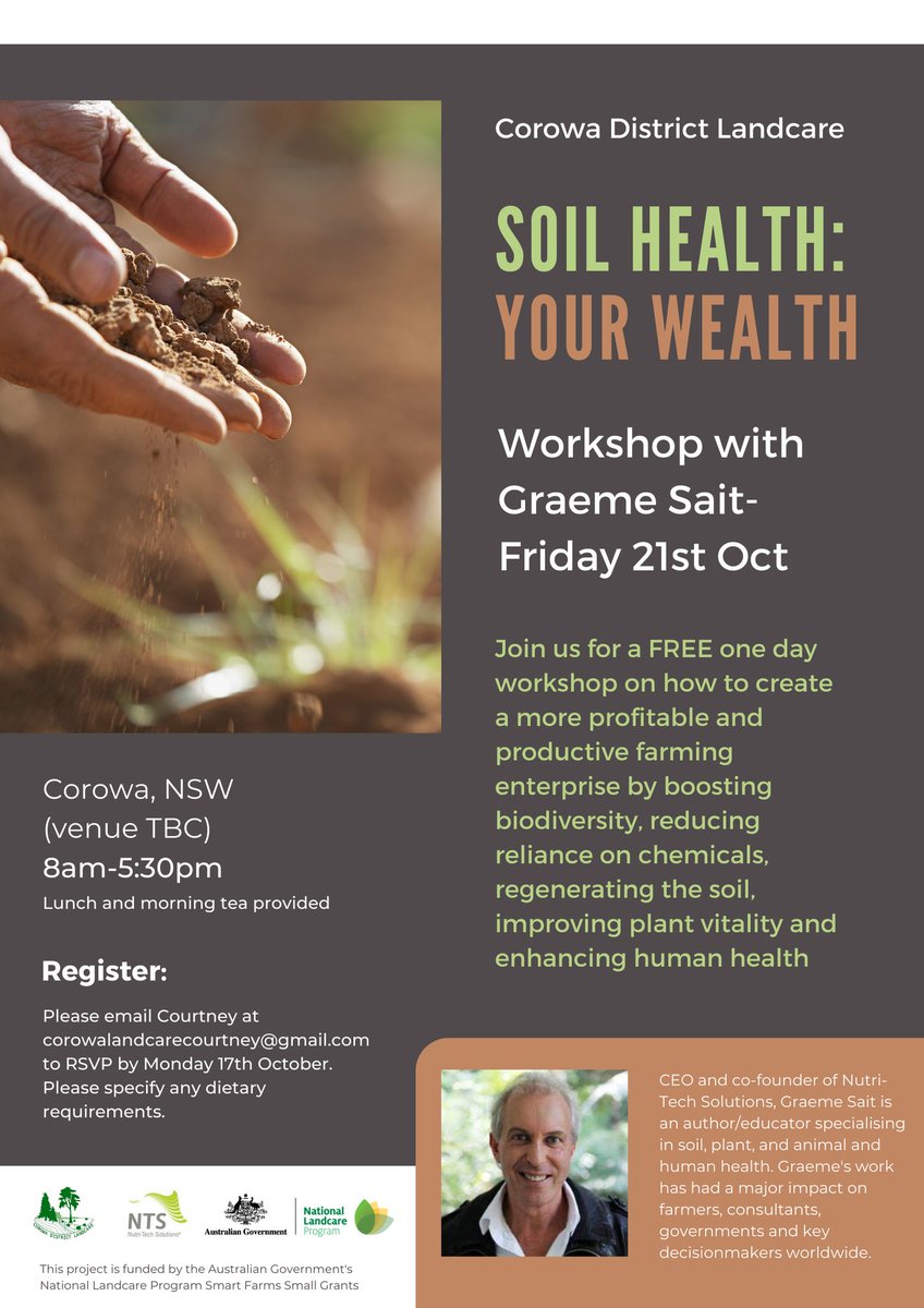 NTS Health (@ntshealth) on Twitter photo Join Cororwa Landcare on 21 October 2022 for a free one day workshop by Graeme Sait on Soil Health and Your Wealth.
Seats are limited. Please RSVP to corowalandcarecourtney@gmail.com by the 17th of October. Join Cororwa Landcare on 21 October 2022 for a free one day workshop by Graeme Sait on Soil Health and Your Wealth.
Seats are limited. Please RSVP to corowalandcarecourtney@gmail.com by the 17th of October.