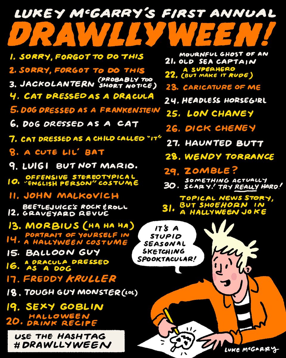 lukeymcgarry's tweet photo. Are you ready to participate in my first annual #DRAWLLYWEEN? There are many seasonal drawing challenges to choose from, but this one MIGHT have prizes and is very dumb. Get those pencils ready, and make sure to use the hashtag #drawllyween https://t.co/QAMqHCF7M2