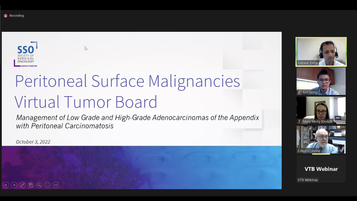 jgong15's tweet photo. Great learning experience participating @SocSurgOnc Peritoneal Disease Site Working Group #Virtual Tumor Board on #appendicealneoplasms w/discussions on #CRS #HIPEC #systemic therapies #LAMN #adenoca w/expert panel @NabeelZafarMD @BethHelmink @AGangiMD Dr. Kledzik, Dr. Levine https://t.co/JgUIBdtc9k