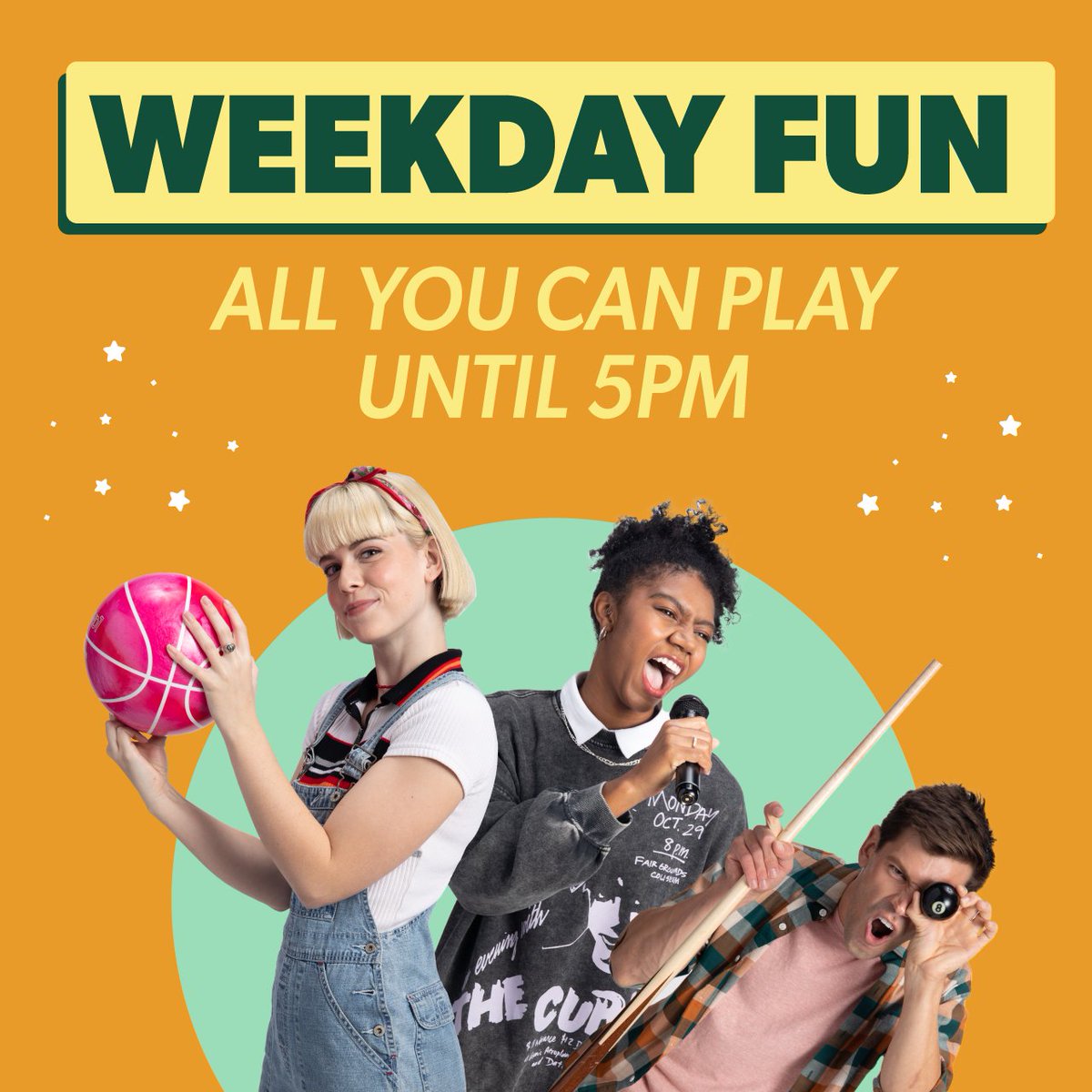 Round1USA's tweet photo. Weekday Fun is back 🎉  For only $14.99 enjoy your favorite activities to your soul's content.

Promotion is valid from Monday to Friday until 5pm each day, excluding weekends and holidays.

#round1usa #playpartyrepeat #round1party #round1bowling #round1arcade #round1karaoke https://t.co/6DygVjHKz6