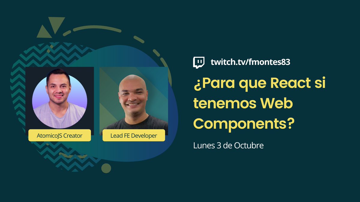 fmontes's tweet image. 🔴 STREAM ESPECIAL HOY
¿Para qué @reactjs si tenemos #webcomponents?
@Uppercod (creador de @atomicojs) y yo vamos a hablar de este tema.
🇲🇽 🇨🇴 🇪🇨 🇵🇪 🇵🇦 7pm
🇨🇷 🇳🇮 🇭🇳 🇸🇻 6pm
🇻🇪 🇵🇾 🇧🇴 8pm
🇦🇷 🇺🇾 9pm
twitch.tv/fmontes83