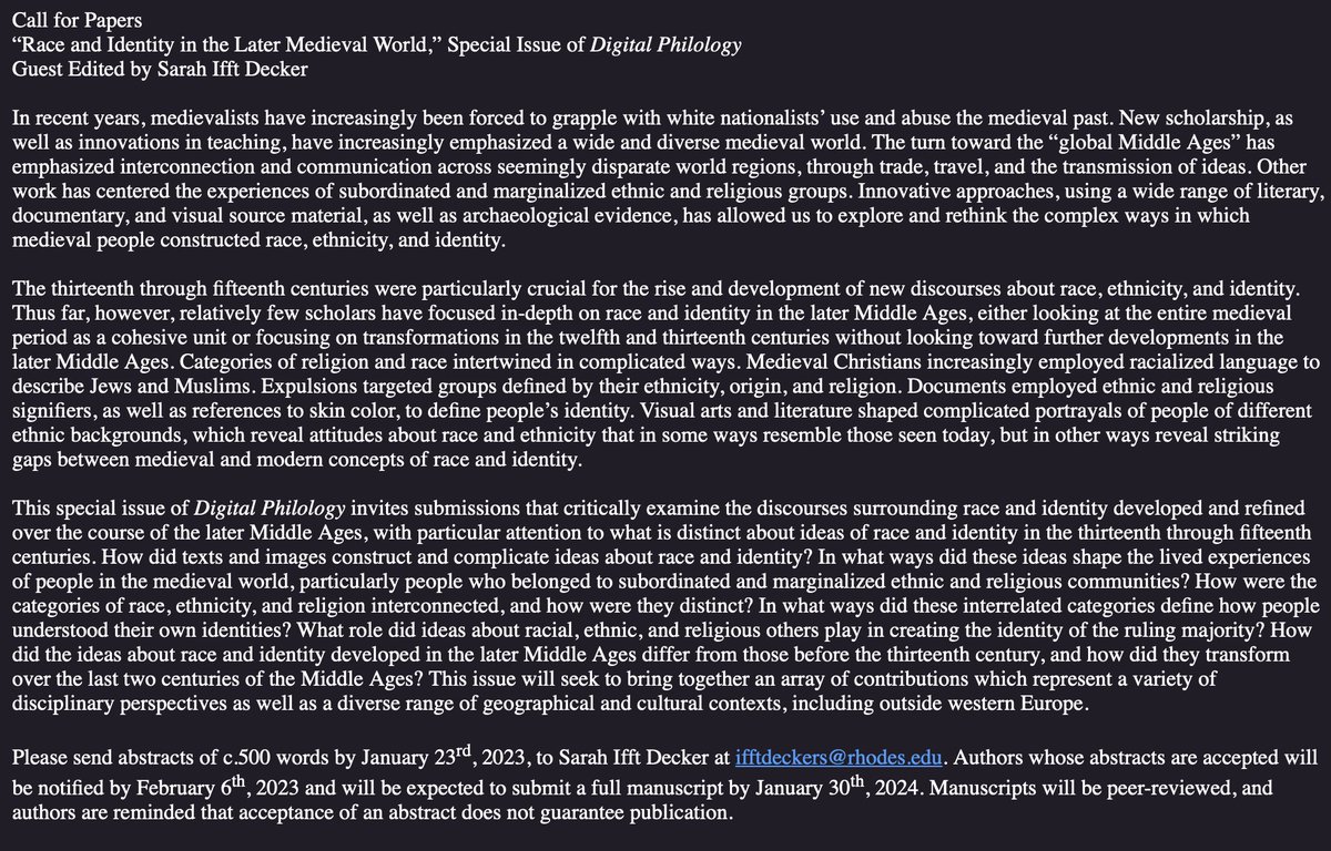DigitalPhilolo1's tweet photo. CFP: “Race and Identity in the Later Medieval World,” Special Issue of Digital Philology
Guest Edited by Sarah Ifft Decker https://t.co/rXsgvC16mU