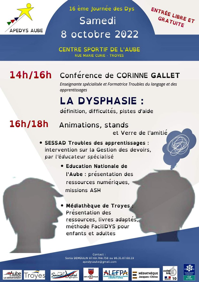 Apedys Aube :
Venez les rencontrer ce samedi 8 octobre à partir de 14h au Centre sportif de l’Aube.  

#inclusion #troublesdesapprentissages #dys #apprentissage #handicap #compensation