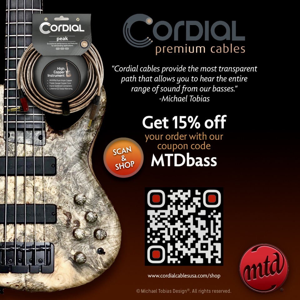 We are excited to announce a great offer with <a href="/CordialCablesUS/">Cordial Cables USA</a> to give you 15% off their outstanding products. 

If you haven’t heard the quality of these cables yet, you will want to hear the difference they make for your MTD. 

#michaeltobiasdesign #mtd4lyfe #bass #mtd #MTDBass
