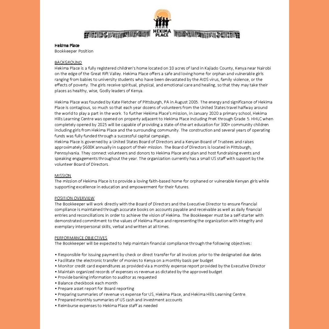 HekimaPlace's tweet photo. Looking to join a team that focuses on building a brighter future for young women?  

Then we have exciting news for you! Hekima Place is hiring a part-time Book Keeper and you could be the perfect person. Submit your resume to Laura at LBright@hekimaplace.org today! https://t.co/7vxGw0DFzZ