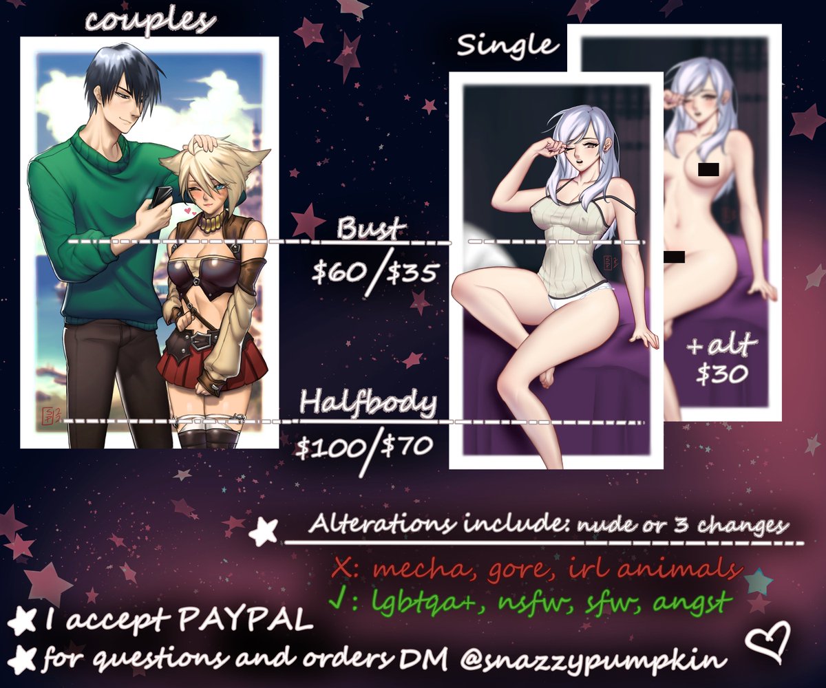 snazzypumpkin's tweet photo. New commission order page! Any support is massively helpful! ty ilu guys💜

perks!✨
-check in any time
-discreet posting
-emailed with the hi-res files
-i will complement you https://t.co/bfHF4s0mHb