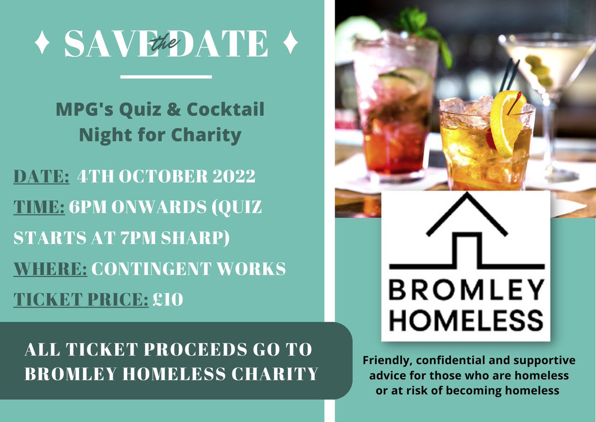 BromleyHomeless's tweet photo. TOMORROW TUESDAY, 4 OCTOBER - @MPGmarketingB2B hold Quiz Night at Contingent Works Elmfield Rd #Bromley to support #BromleyHomeless work to help local #homeless people. From 6pm, quiz 7pm start, £10pp, quiz teams of 4 people. All welcome - get a team together + may best team win! https://t.co/tQmU9UjjvY