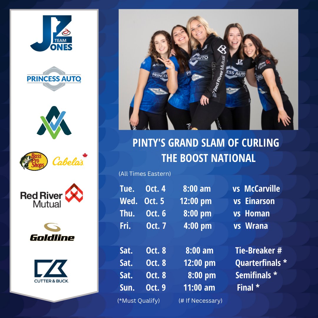 It’s <a href="/grandslamcurl/">Grand Slam of Curling</a> time with the Boost National in North Bay! We kick things off Tuesday at 8:30 am (EDT). TV coverage starts Thursday on <a href="/Sportsnet/">Sportsnet</a>.
 
Check out the broadcast schedule and scoring links here: linktr.ee/teamjenniferjo…

#TeamJenniferJones  #curling  #Manitoba