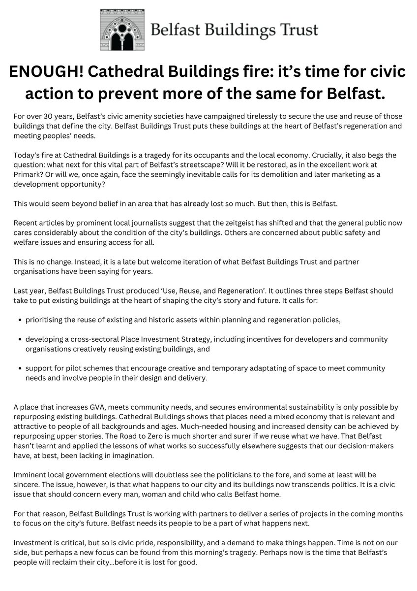 The fire at Cathedral Buildings is a tragedy for its occupants and the local economy. What next for this vital part of Belfast’s streetscape? Investment is critical, but so is civic pride, responsibility, and a demand to make things happen. belfastbuildingstrust.org/news/enough-ca…