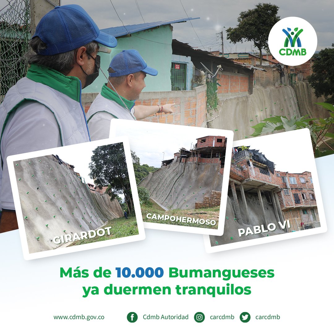 CARCDMB's tweet photo. Garantizamos la construcción y el 100% de la ejecución de 3️⃣ pantallas ancladas en los barrios Girardot, Campohermoso y Pablo VI de #Bucaramanga, para estabilizar los terrenos y evitar el colapso de las viviendas.

Las obras ya fueron entregadas a la comunidad. https://t.co/ZA4gWbE9lB