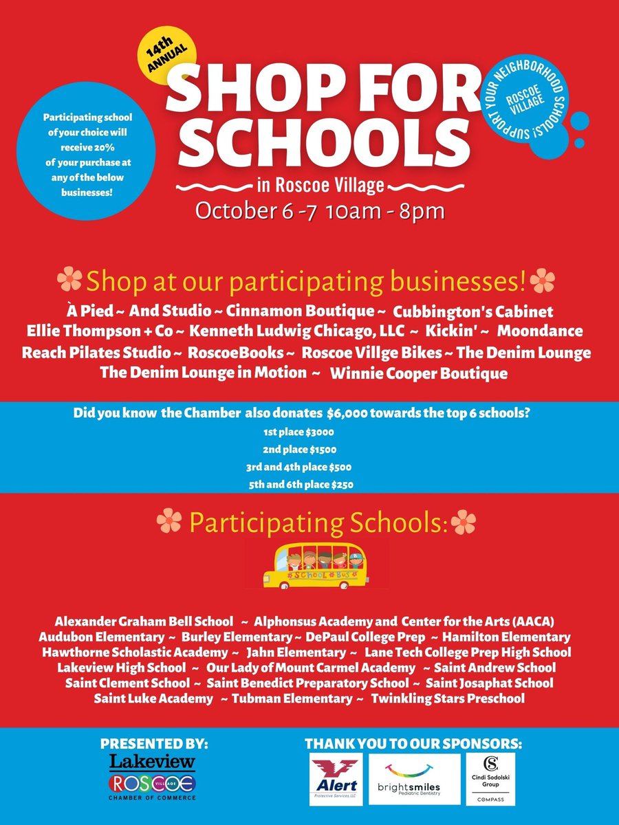 Support neighborhood schools and businesses on Thurs Oct 6th and Fri October 7th from 10am - 8pm for the 14th annual Shop for Schools where participating businesses in Roscoe Village pledge to give back 20% of their sales to our local schools. #shopforschools #roscoevillage
