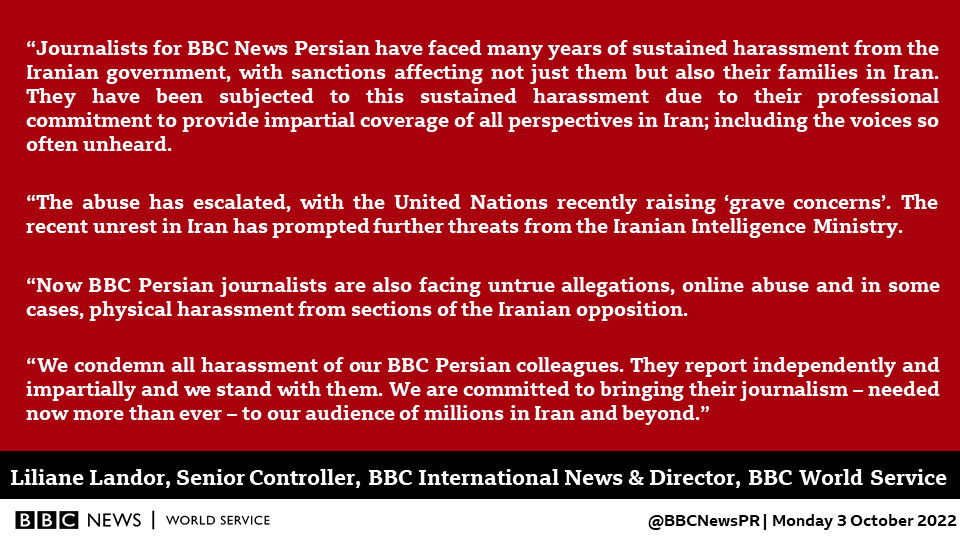BBCNewsPR's tweet photo. We condemn all harassment of our BBC News Persian colleagues. They report independently and impartially and we stand with them. https://t.co/sCXitsYFzl