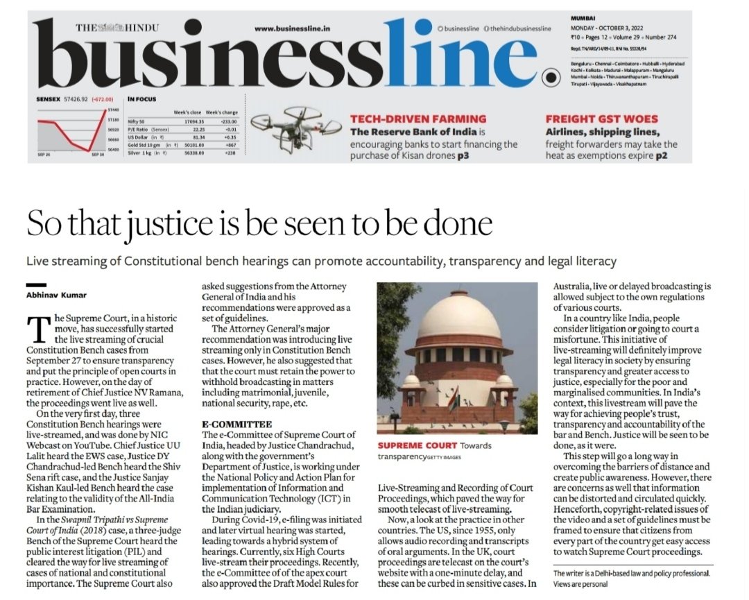 AbhinavLocutus's tweet photo. In this column for The Hindu Businessline I argued that how live streaming of Constitutional bench hearings can be game changer in the long run and it can be means to promote transparency, accountability and legal literacy in the Country. #supremecourtofindia @businessline

Pg.06 https://t.co/XVhgmBND81
