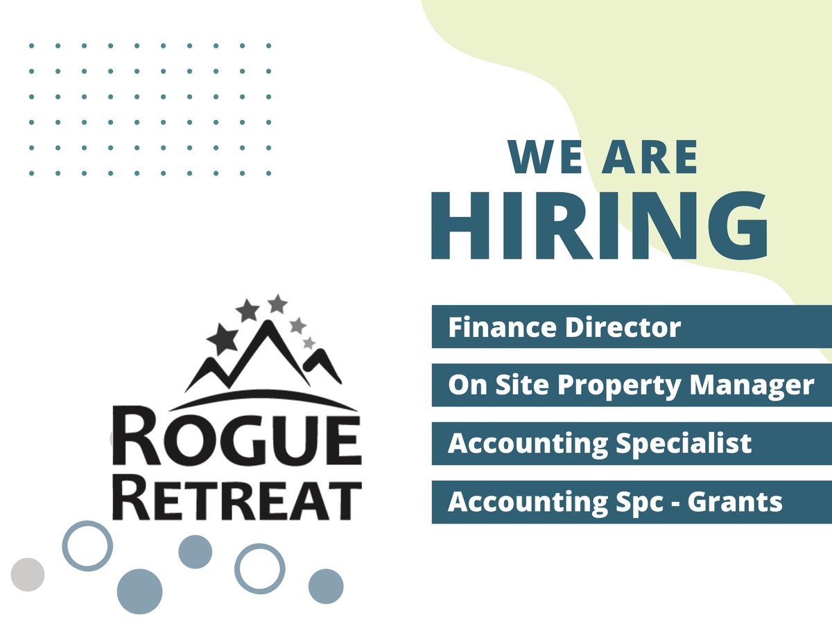 We are hiring!  We are currently hiring for four positions at Rogue Retreat. 
If you are interested in one of these opportunities, please fill out an application on our indeed site. 
ow.ly/cb9J50L0igm