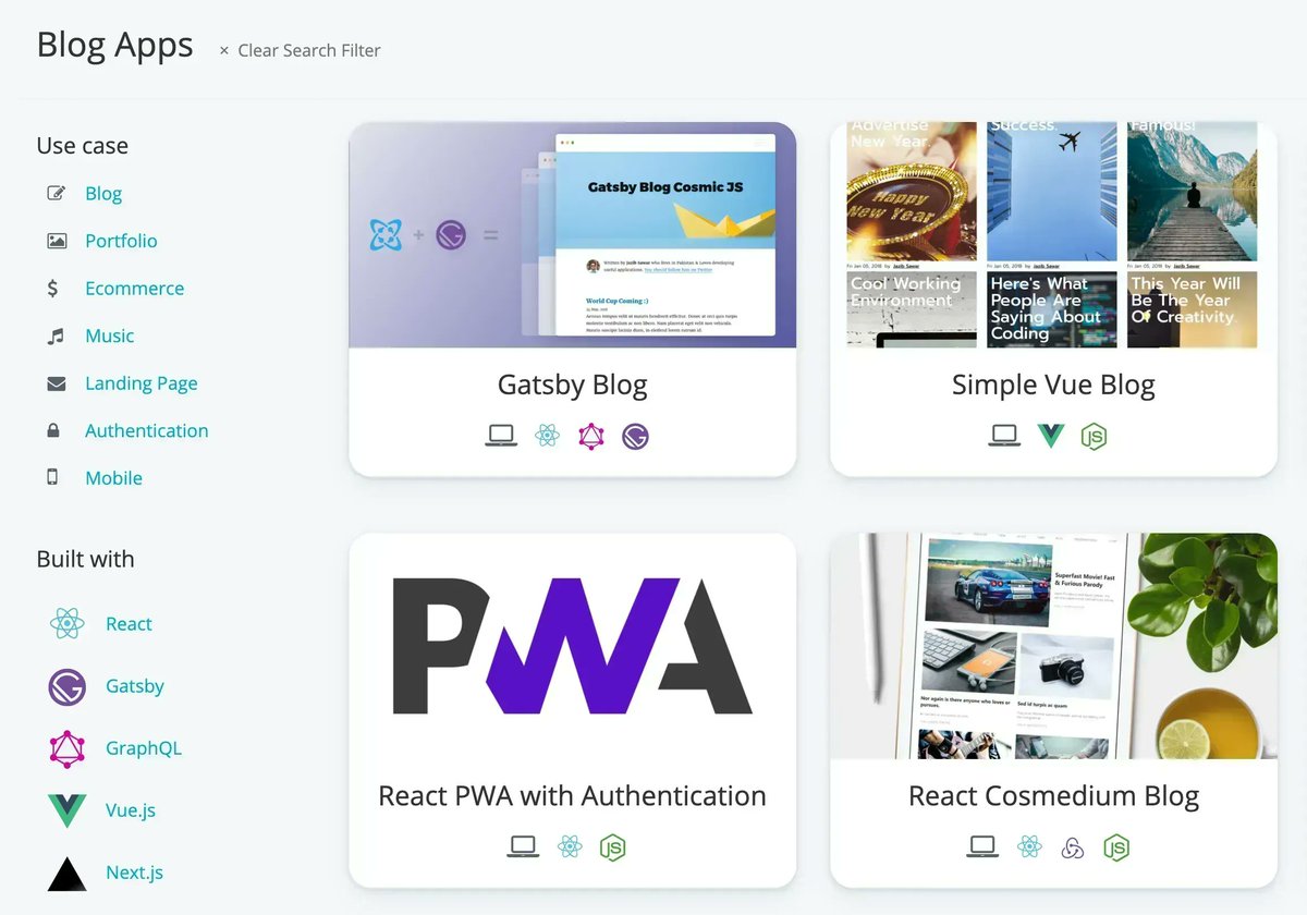 cosmicjs's tweet photo. Filter example apps by use case in the Cosmic Apps Marketplace 🎉⭐️
Apps Marketplace 👉 https://t.co/rPzpf9RJtB #headless #cms #api #javascript #nodejs #reactjs #vuejs #angularjs #graphql #webdev #gamedev #blog #ecommerce #mobile #authentication #apps #cosmicjs https://t.co/rXFUDMOn6g
