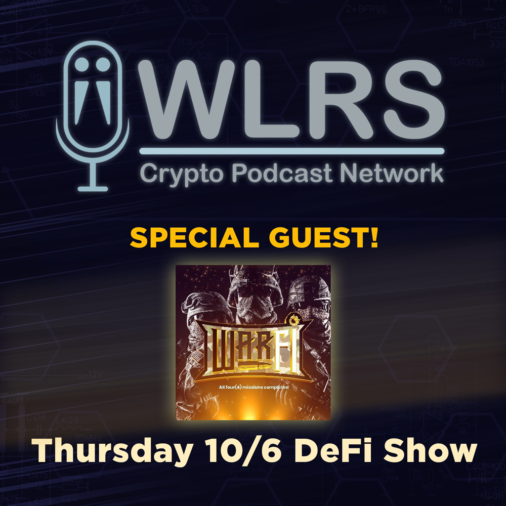 WLRSRadio's tweet photo. On this Week's DeFi Show, We're talking to @WarFiP2e 

Be sure to ask any questions you have about the project in a reply to this tweet!

They are our first official guest on the show, so it should be a great time! 

#cryptopodcast #wlrs #wlrsradio #podcast https://t.co/GZWR8pmh3q