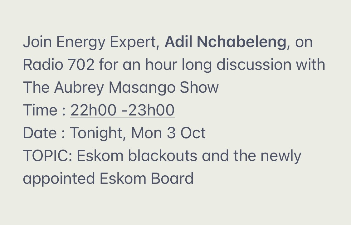 TransformRSA1's tweet photo. Join TRSA President @NchabelengAdil on @Radio702 on #TheAubreyMasangoShow 

#EskomBoard https://t.co/FERPheFoSG
