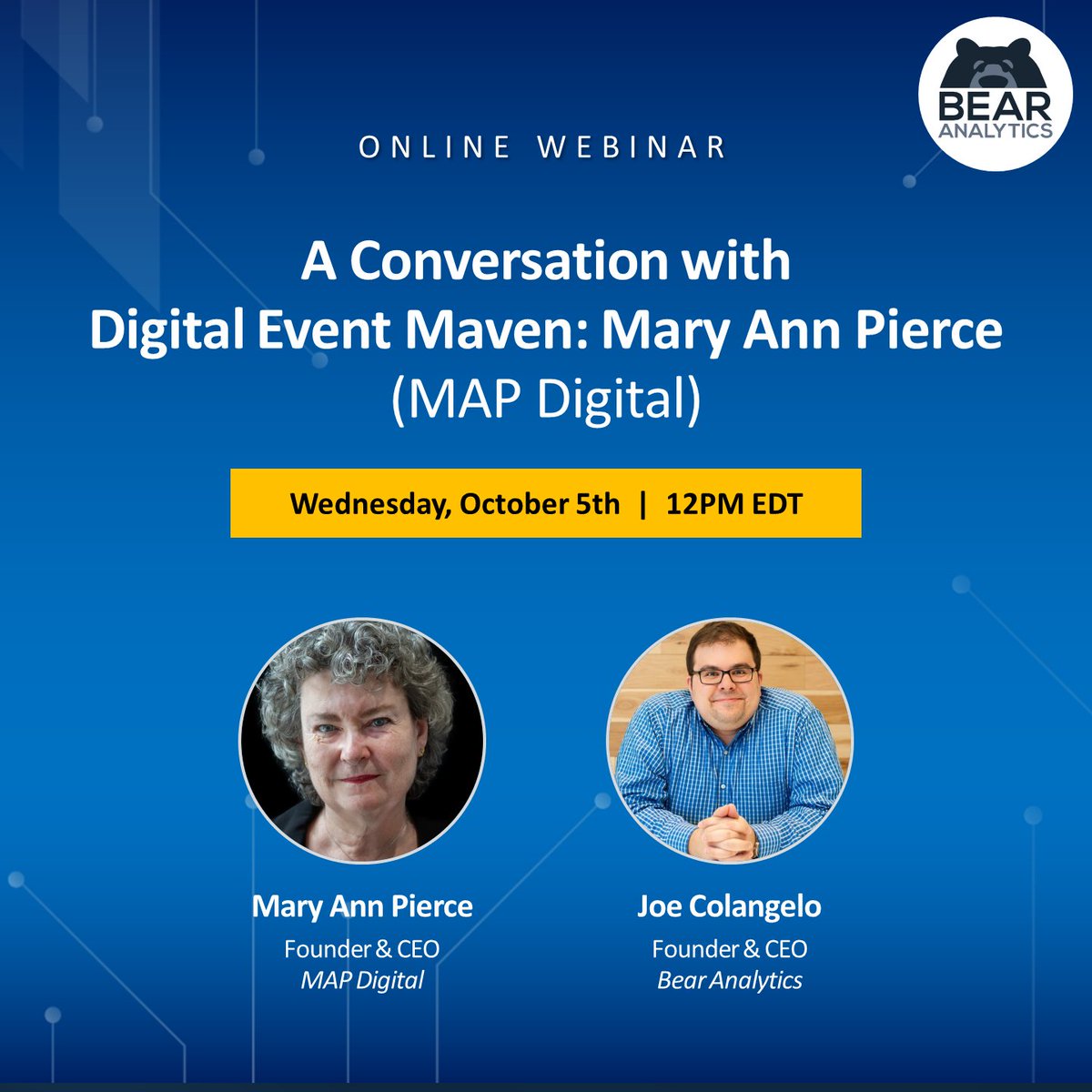 maryannpierce's tweet photo. Please join Joe Colangelo, @BearAnalytics & me in an #Events3.0 conversation: #data, #interconnected #platform #leadasaservice new revenue models.
Weds., 5-Oct, 12:00 noon ET
Free Reg: https://t.co/fbfqrWCtkG
Download Event 3.0 ebook:https://t.co/ooEKhfNTbD...
#MetaMeetings https://t.co/75OA4V0IDO